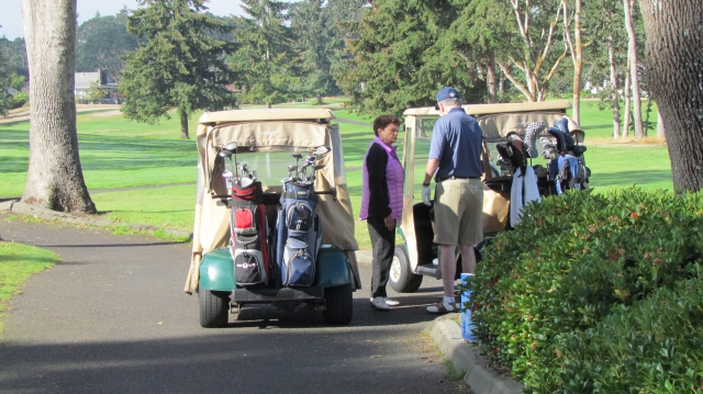 Larry Harris and Karen Benke Harris with golf carts